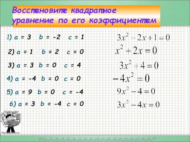 Восстановите квадратное уравнение по его коэффициентам 1) а = 3 b =