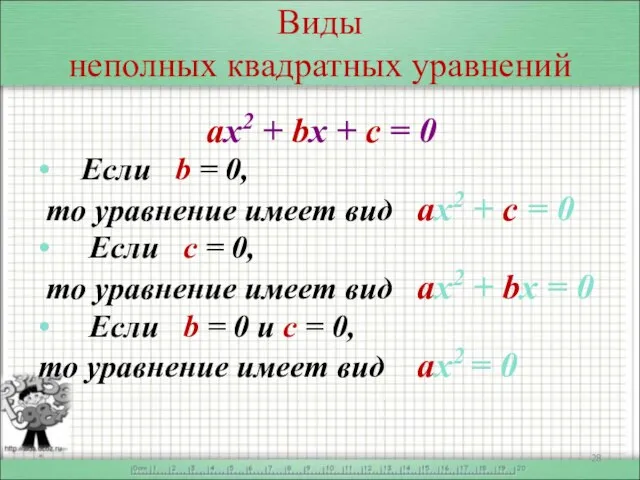 Виды неполных квадратных уравнений ах2 + bx + c = 0 •