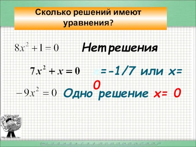 Сколько решений имеют уравнения? Нет решения х=-1/7 или х= 0 Одно решение х= 0