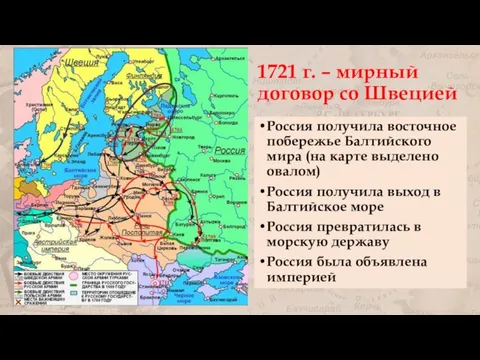 1721 г. – мирный договор со Швецией Россия получила восточное побережье Балтийского