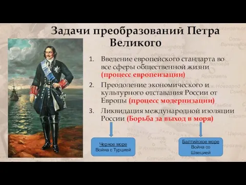 Задачи преобразований Петра Великого Введение европейского стандарта во все сферы общественной жизни