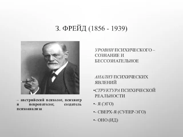 З. ФРЕЙД (1856 - 1939) УРОВНИ ПСИХИЧЕСКОГО – СОЗНАНИЕ И БЕССОЗНАТЕЛЬНОЕ АНАЛИЗ