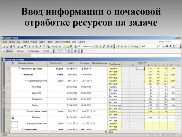 Ввод информации о почасовой отработке ресурсов на задаче