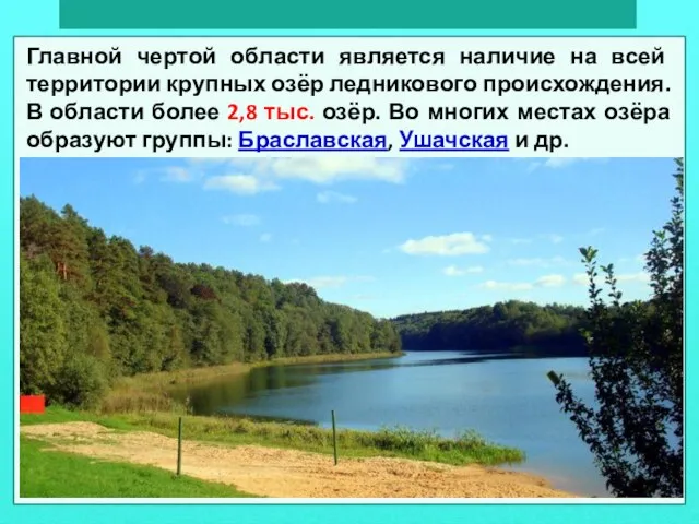 Главной чертой области является наличие на всей территории крупных озёр ледникового происхождения.