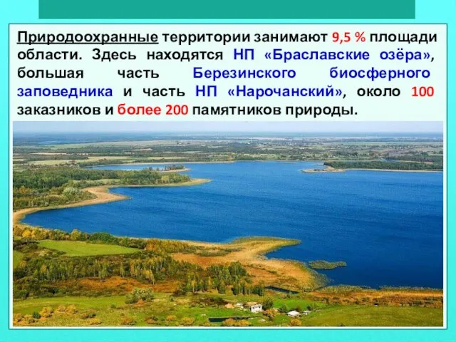 Природоохранные территории занимают 9,5 % площади области. Здесь находятся НП «Браславские озёра»,