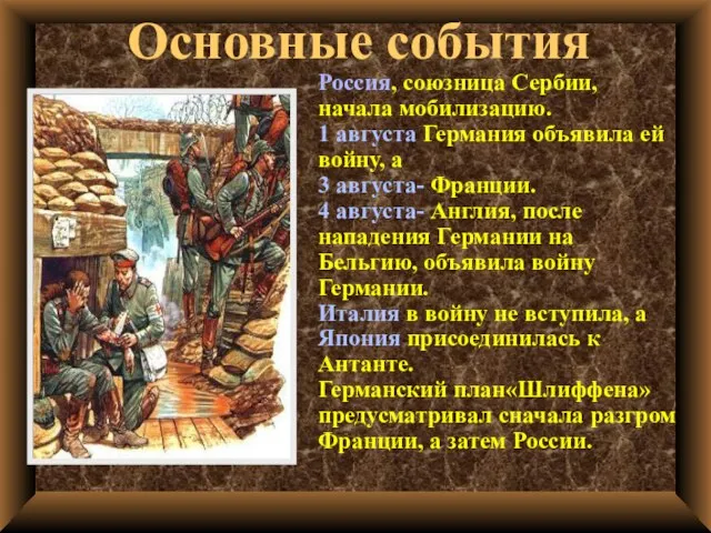 Основные события Россия, союзница Сербии, начала мобилизацию. 1 августа Германия объявила ей