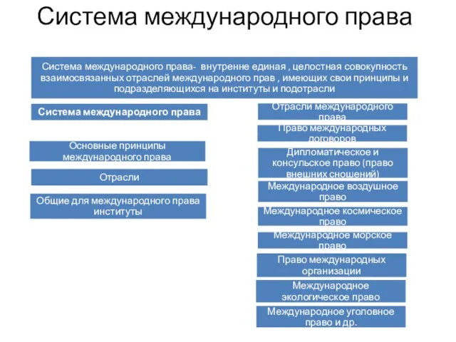 Система международного права Система международного права- внутренне единая , целостная совокупность взаимосвязанных