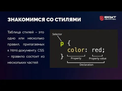 ЗНАКОМИМСЯ СО СТИЛЯМИ Таблица стилей – это одно или несколько правил, прилагаемых