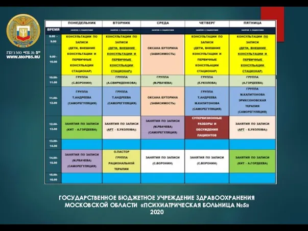 ГОСУДАРСТВЕННОЕ БЮДЖЕТНОЕ УЧРЕЖДЕНИЕ ЗДРАВООХРАНЕНИЯ МОСКОВСКОЙ ОБЛАСТИ «ПСИХИАТРИЧЕСКАЯ БОЛЬНИЦА №5» 2020 ГБУЗ МО “ПБ № 5” WWW.MOPB5.RU