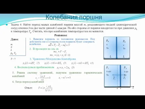 Колебания поршня Задача 4: Найти период малых колебаний поршня массой m, разделяющего