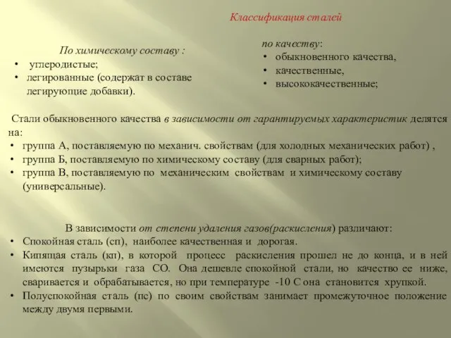 В зависимости от степени удаления газов(раскисления) различают: Спокойная сталь (сп), наиболее качественная