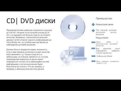 CD| DVD диски Производителями заявлено сохранность данных до 100 лет. На деле