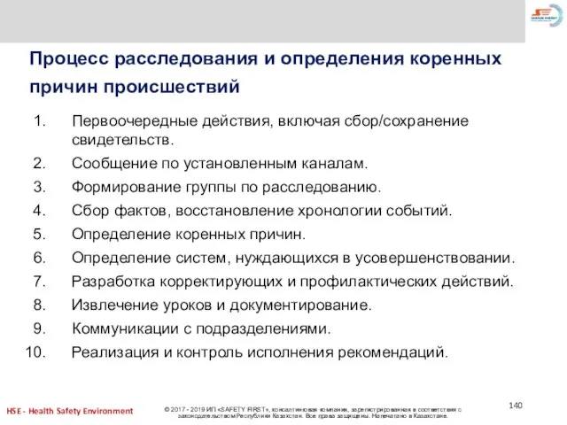 Процесс расследования и определения коренных причин происшествий Первоочередные действия, включая сбор/сохранение свидетельств.