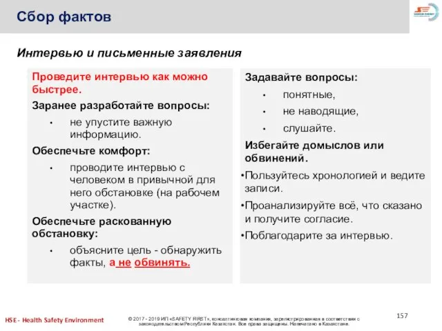 Сбор фактов Интервью и письменные заявления Проведите интервью как можно быстрее. Заранее