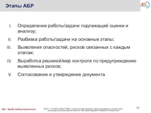 Этапы АБР Определение работы/задачи подлежащей оценки и анализу; Разбивка работы/задачи на основные