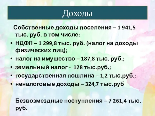 Собственные доходы поселения – 1 941,5 тыс. руб. в том числе: НДФЛ