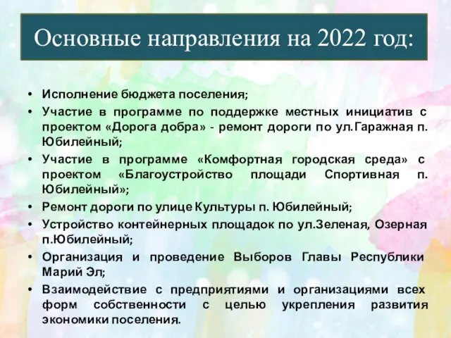 Исполнение бюджета поселения; Участие в программе по поддержке местных инициатив с проектом