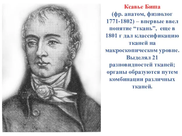 Ксавье Биша (фр. анатом, физиолог 1771-1802) – впервые ввел понятие “ткань”, еще