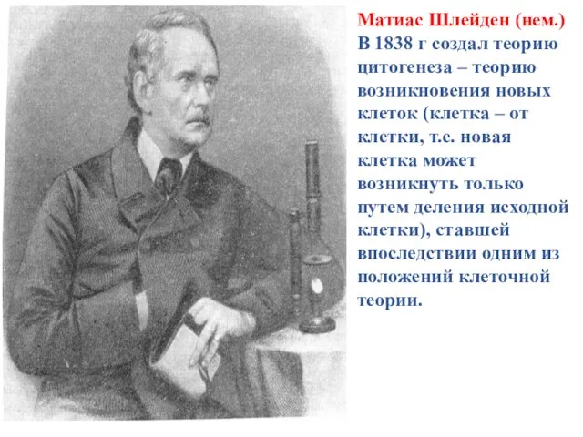 Матиас Шлейден (нем.) В 1838 г создал теорию цитогенеза – теорию возникновения