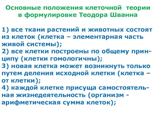 Основные положения клеточной теории в формулировке Теодора Шванна 1) все ткани растений