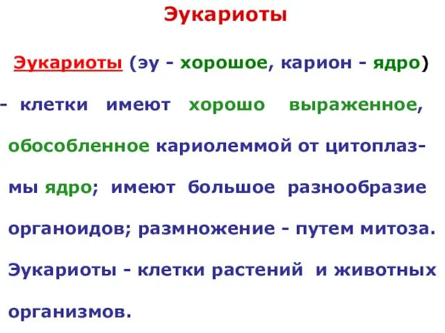 Эукариоты (эу - хорошое, карион - ядро) клетки имеют хорошо выраженное, обособленное