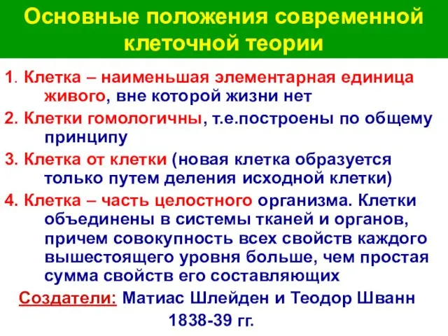 Основные положения современной клеточной теории 1. Клетка – наименьшая элементарная единица живого,