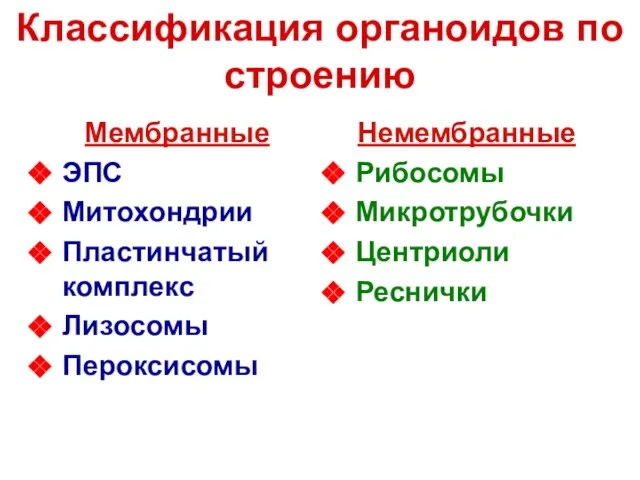 Классификация органоидов по строению Мембранные ЭПС Митохондрии Пластинчатый комплекс Лизосомы Пероксисомы Немембранные Рибосомы Микротрубочки Центриоли Реснички