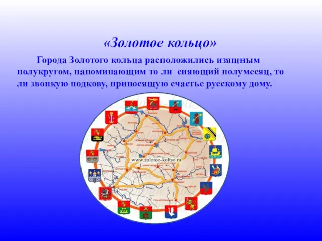 «Золотое кольцо» Города Золотого кольца расположились изящным полукругом, напоминающим то ли сияющий