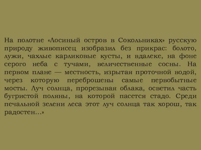 На полотне «Лосиный остров в Сокольниках» русскую природу живописец изобразил без прикрас: