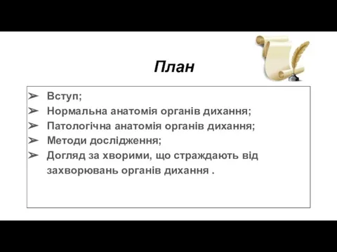 План Вступ; Нормальна анатомія органів дихання; Патологічна анатомія органів дихання; Методи дослідження;