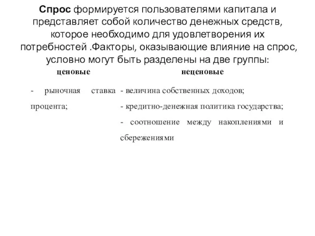 Спрос формируется пользователями капитала и представляет собой количество денежных средств, которое необходимо