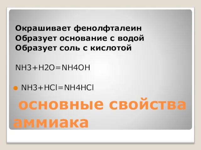 основные свойства аммиака Окрашивает фенолфталеин Образует основание с водой Образует соль с кислотой NH3+H2O=NH4OH NH3+HCl=NH4HCl