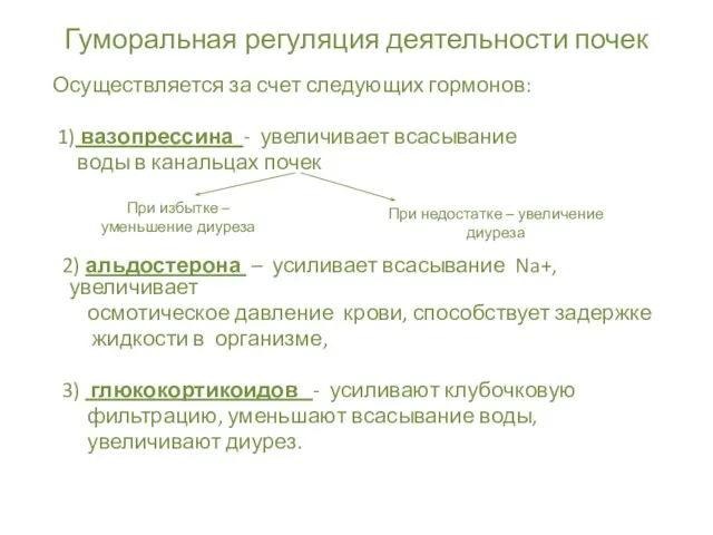 Гуморальная регуляция деятельности почек Осуществляется за счет следующих гормонов: 1) вазопрессина -