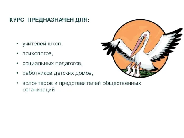 учителей школ, психологов, социальных педагогов, работников детских домов, волонтеров и представителей общественных организаций КУРС ПРЕДНАЗНАЧЕН ДЛЯ: