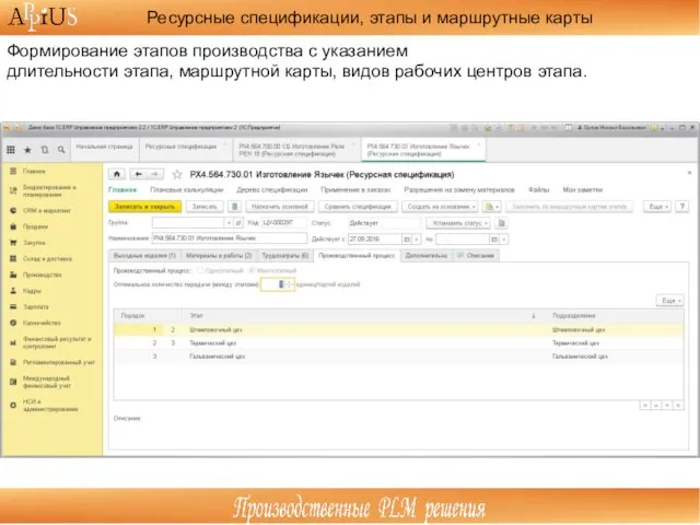 Формирование этапов производства с указанием длительности этапа, маршрутной карты, видов рабочих центров