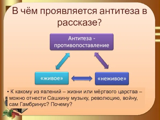 В чём проявляется антитеза в рассказе? К какому из явлений – жизни