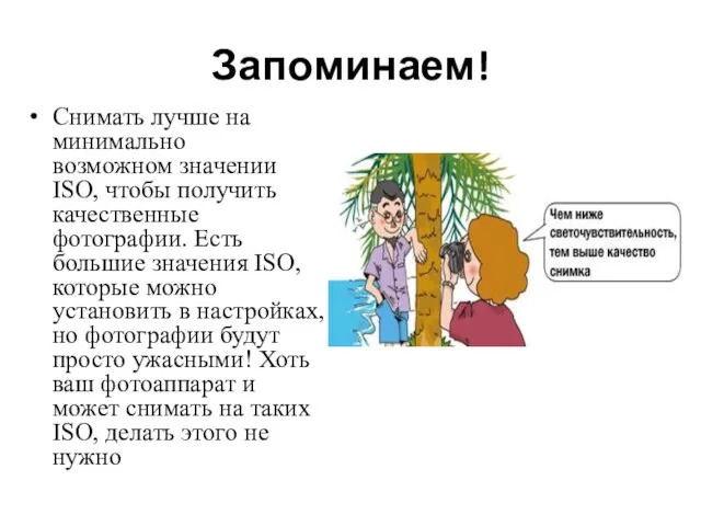 Запоминаем! Снимать лучше на минимально возможном значении ISO, чтобы получить качественные фотографии.