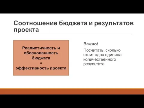 Соотношение бюджета и результатов проекта Важно! Посчитать, сколько стоит одна единица количественного