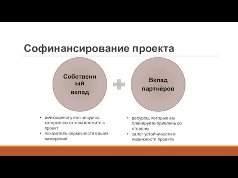 Софинансирование проекта имеющиеся у вас ресурсы, которые вы готовы вложить в проект