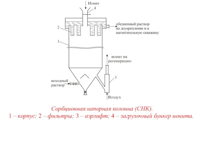 Сорбционная напорная колонна (СНК). 1 – корпус; 2 – фильтры; 3 –
