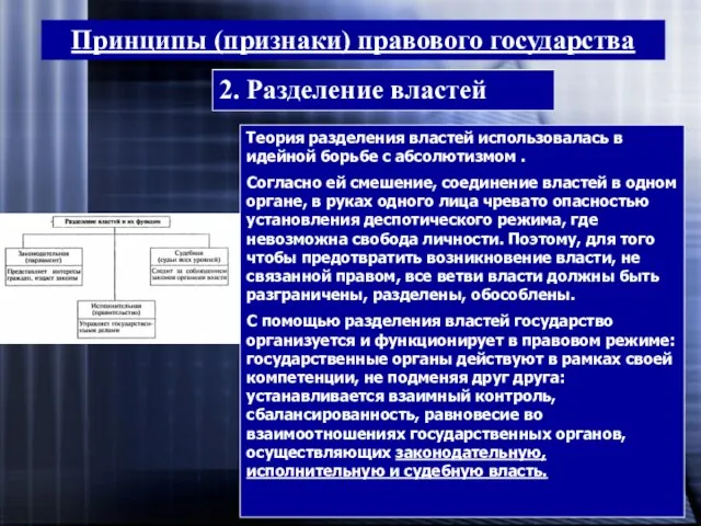 Принципы (признаки) правового государства 2. Разделение властей Теория разделения властей использовалась в