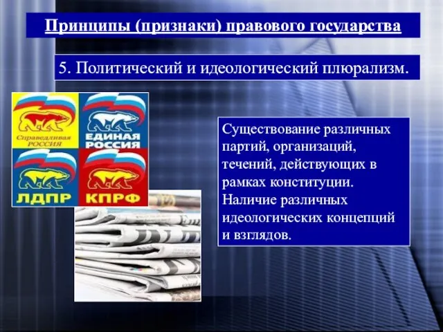 Принципы (признаки) правового государства 5. Политический и идеологический плюрализм. Существование различных партий,