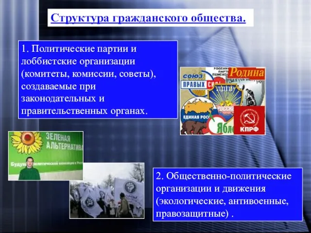 Структура гражданского общества. 1. Политические партии и лоббистские организации (комитеты, комиссии, советы),