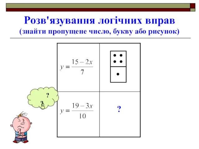 Розв'язування логічних вправ (знайти пропущене число, букву або рисунок) ? ?