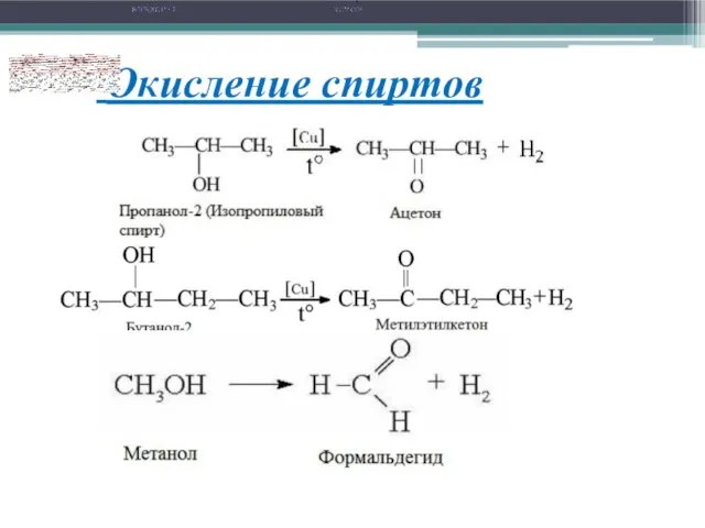 Окисление спиртов 3C2H5OH + K2Cr2O7 + 4H2SO4 = 3CH3CHO + K2SO4 + Cr2(SO4)3 + 7H2O (нагревание)