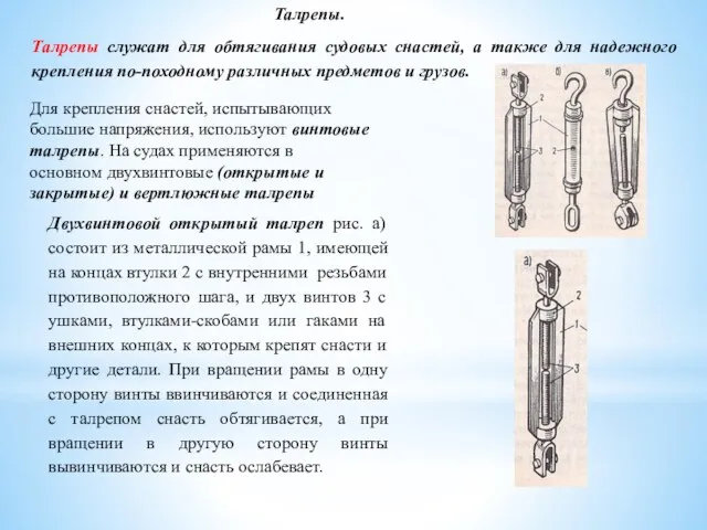 Талрепы. Талрепы служат для обтягивания судовых снастей, а также для надежного крепления