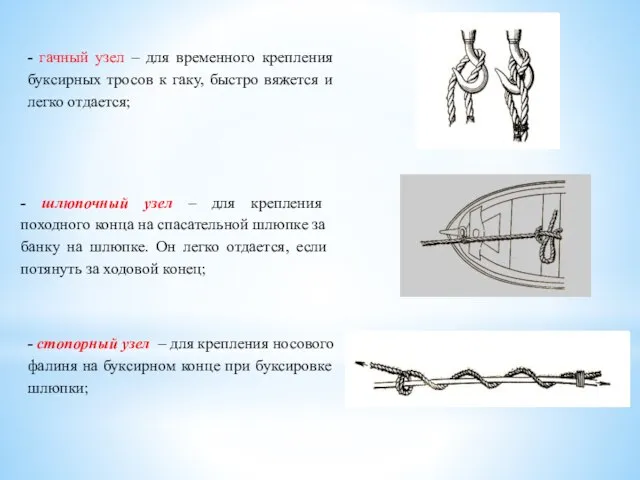 - гачный узел – для временного крепления буксирных тросов к гаку, быстро