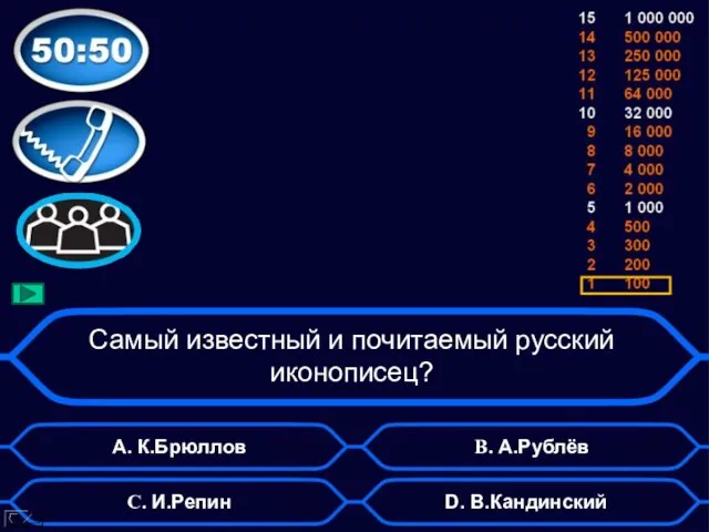 Самый известный и почитаемый русский иконописец? D. В.Кандинский B. А.Рублёв C. И.Репин А. К.Брюллов