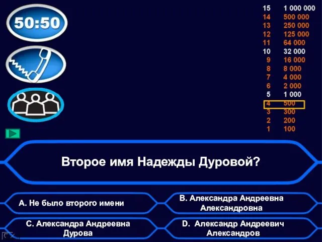 Второе имя Надежды Дуровой? А. Не было второго имени D. Александр Андреевич