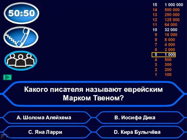 Какого писателя называют еврейским Марком Твеном? А. Шолома Алейхема D. Кира Булычёва